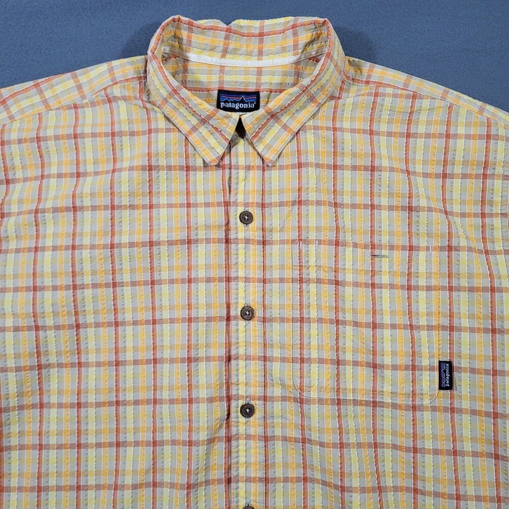 Vintage Patagonia A/C Shirt Mens L Orange Plaid Seersucker Button Up 1998 90s